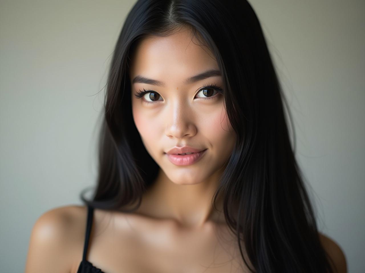 The photo features a stunning close-up of a young woman with long, straight black hair, parted to the side. She gazes softly at the camera, with a subtle, serene expression. Her skin is smooth, with a light natural makeup look that highlights her features, such as her defined cheekbones and full lips. The background is a soft, neutral gradient that doesn't distract from her presence. She wears a delicate black outfit with sheer elements, adding elegance to the photo.