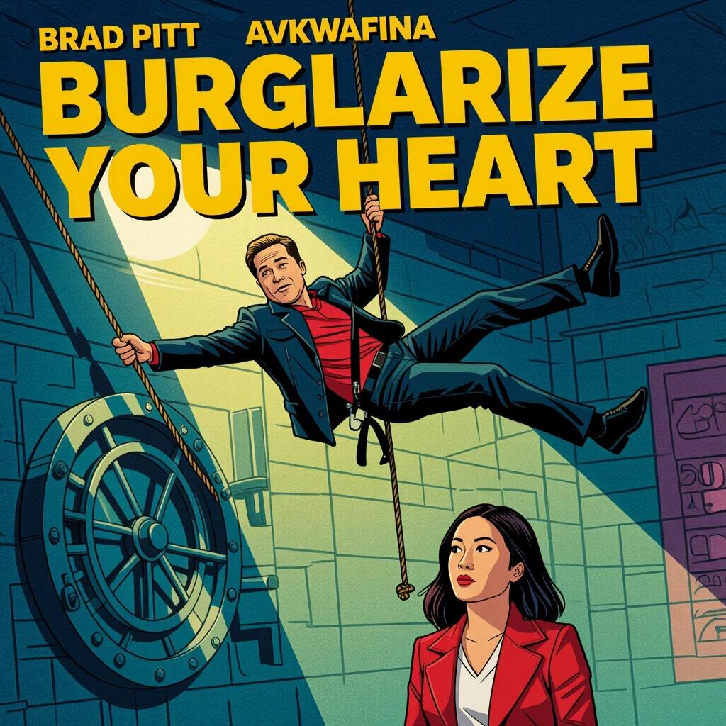 Movie poster for Burglariize Your Heart. Features Brad Pitt hanging from a rope above a vault with Awkwafina below appearing unimpressed. Bright colors and exaggerated shadows create a comic panel effect.