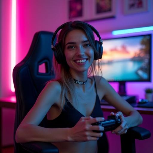 Girl sits in a gaming chair. She holds a video game controller. Wearing a crop top. Webcam perspective with gaming setup visible. Neon lighting adds vibrant ambiance.