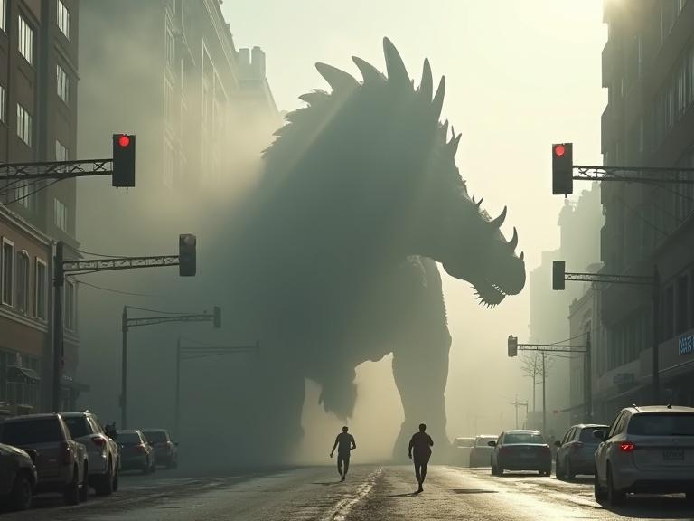 Dark cinematic image featuring a giant ankylosaurus silhouette in a foggy city street. The creature is coming out of a large hole with smoke and dust surrounding it. People are running in panic among cars and buildings. Light poles and street signs are visible. Sun rays penetrate through the fog creating an atmospheric effect.