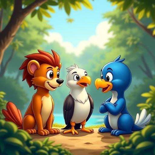 Colorful clearing in the jungle with three stylized animals resembling characters from Turma da Mônica. A friendly lion with a big mane, an eagle perched on a tree with a proud look, and a smiling blue dragon with crossed arms. They are in a circle discussing animatedly. Brazilian children's comic style.