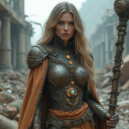 Stunningly beautiful woman in fantasy setting. Garbage keeper in ruined city. Elegant armor made from scrap metal and cloth. Holding magical staff of trash and relics. Realistic face with expressive eyes. Long hair tangled with wires. Glowing runes in clothing. Cinematic lighting and soft haze.