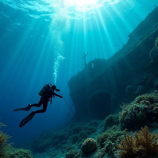 Photorealistic underwater scene showing diver with sidemount configuration. Diver holds large camera rig with lights on. Overgrown shipwreck and anchor visible. Vibrant corals and fish in view. Sunlight creates rays through water surface. Particles enhance color and depth perception.