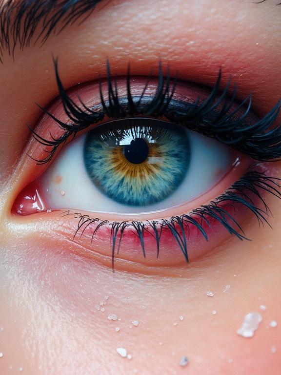 Extreme close-up of a woman's eye in digital oil painting style. Iris shows color shifts with glitch elements. Back background is completely black. Use rough brush strokes similar to sumi-e style to illustrate details.