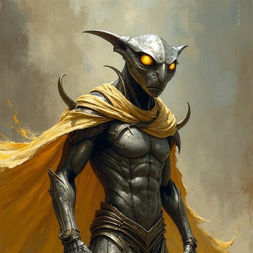 Painting depicting a quickling lord humanoid. Features metallic skin and yellow eyes. This character embodies speed and power. Represents swift creatures that rise to power. Fights with enhanced speed and strength.
