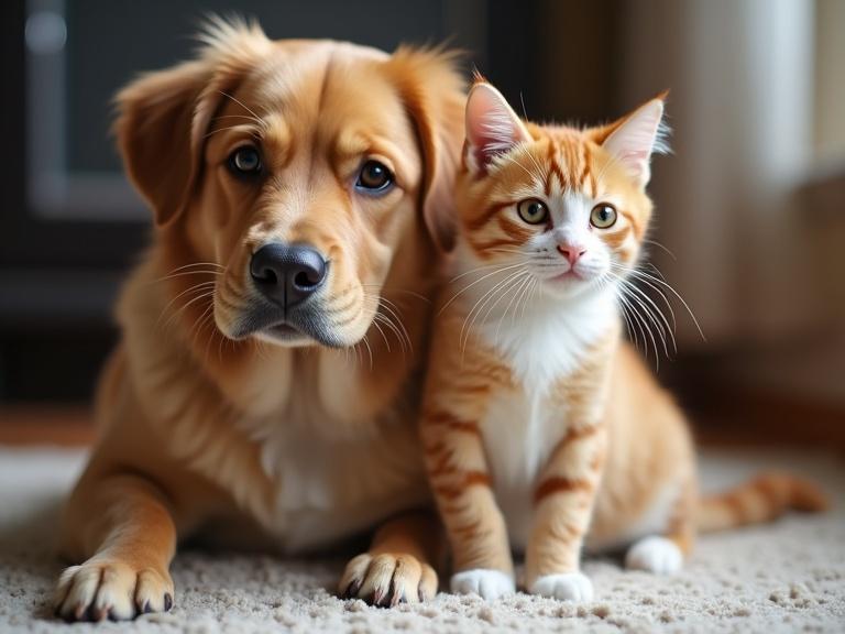 Dog with a golden coat and cat with orange and white stripes are sitting together in a cozy indoor environment. Both pets are looking directly at the camera.