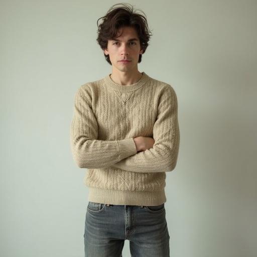 A man in mid-30s stands facing the camera. Lean angular face with pronounced cheekbones. Thick dark brown wavy hair styled loosely. Beige knit sweater paired with medium-wash jeans. Soft natural lighting creates minimal shadows. Blank neutral background emphasizes subject. Full body visible. Eerie subtle tone in overall presentation.