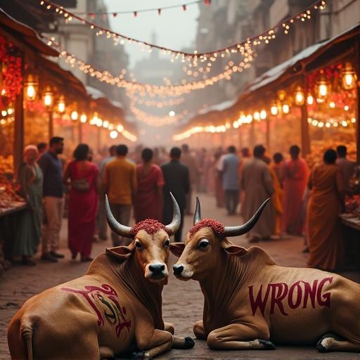 Scene of an Indian market celebrating a festival. People are dressed in traditional attire. Two cows are lying down. They have the text 'WRONG' in calligraphy on their sides. The background features fireworks and decorations.