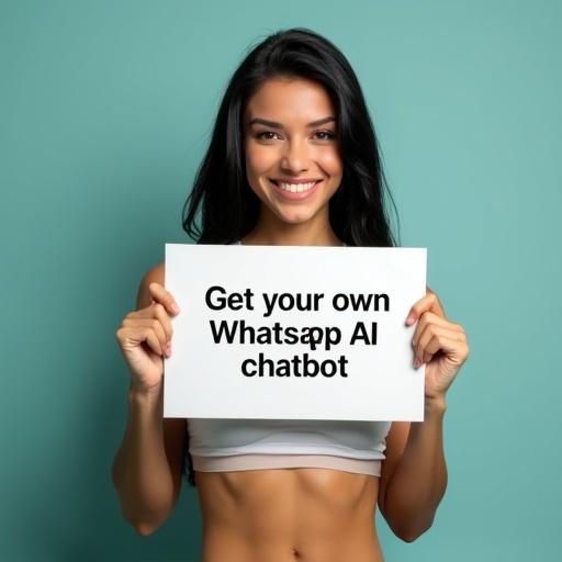 Young woman with a fit body and black hair holds a sign. The sign promotes a Whatsapp AI chatbot.