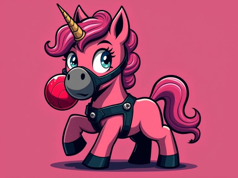 A pink pony wearing a black leather kink harness and a ball gag. The pony is designed in a bold vector art style with large eyes. The background is a solid color. The pony has a playful expression with a kickball in mouth. Crisp outlines and simplified shading are emphasized.