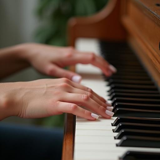 Image shows young woman's hands with white nail polish playing piano keys. The focus is on the hands positioned over black and white keys of a wooden piano.