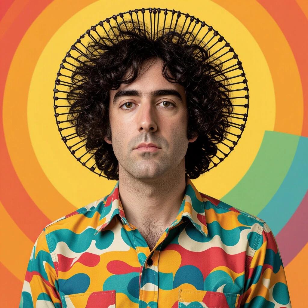 Portrait of a man with curly hair wearing a colorful patterned shirt against a vibrant background resembling circular waves.