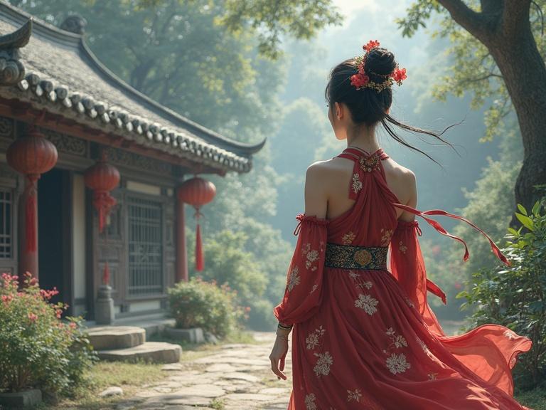 A woman walks in a serene outdoor setting. She wears traditional attire with floral details. The background includes a classic building surrounded by nature. Soft lighting enhances the beauty of the scene.