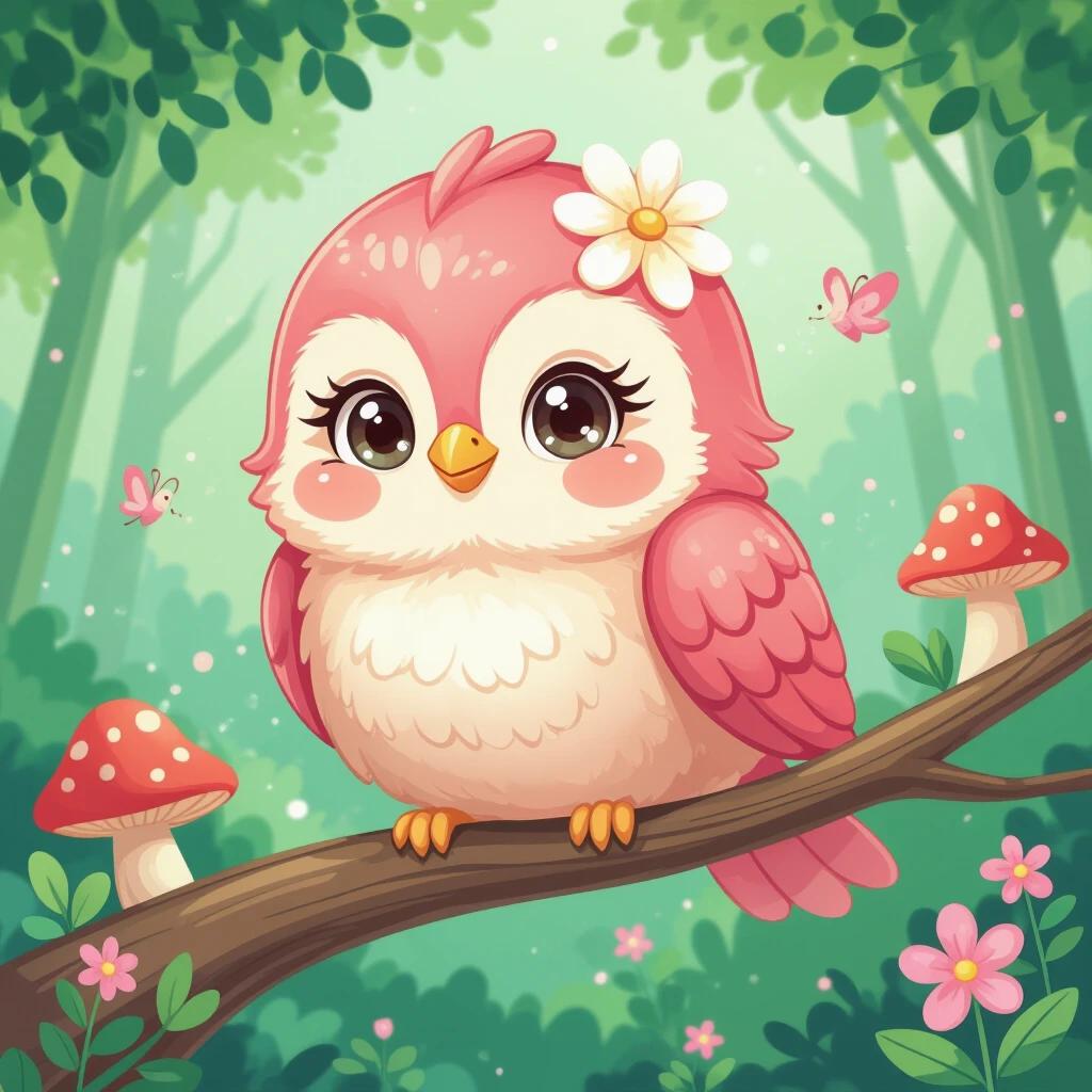 A kawaii-style bird sitting on a branch. The bird is pink with a white fluffy belly. It has big shiny eyes and a flower on its head. The background is a whimsical forest with soft colors, flowers and mushrooms.
