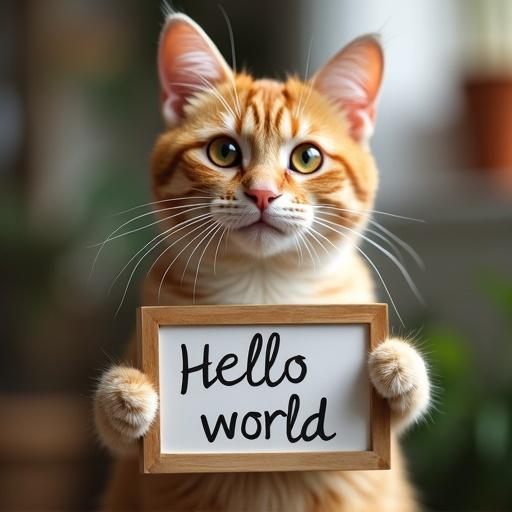 A cat with orange fur holds a sign that reads 'Hello world'. The cat looks directly at the camera with an engaging expression.