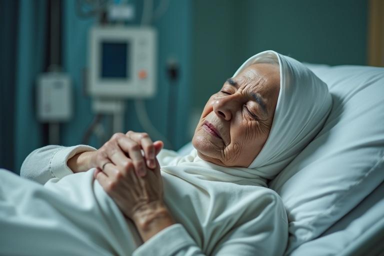 Elderly woman lies weak on a hospital bed. White hijab drapes around her. Hands clasped with her son. Medical equipment visible in the background. Expression of peace and wisdom. Gentle and soft lighting focuses on this emotional moment.