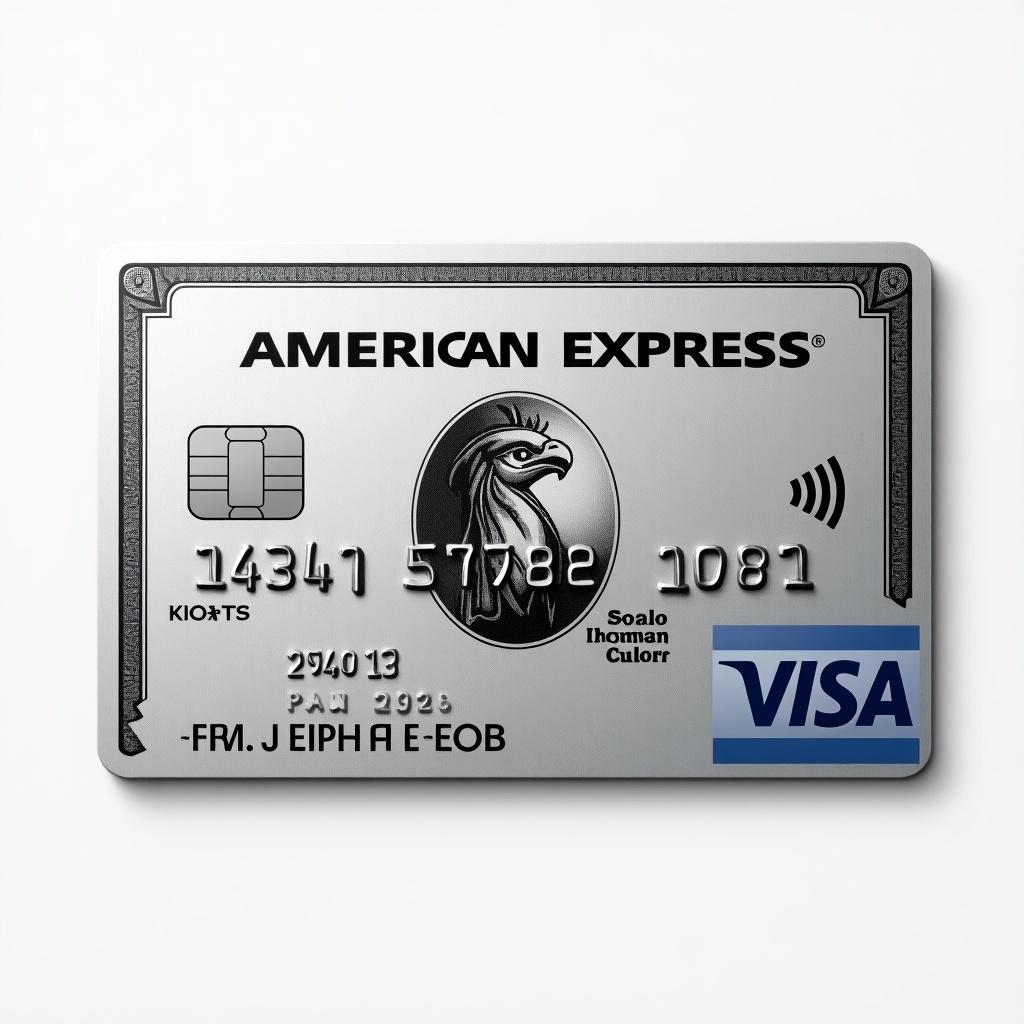 Realistic image features a platinum American Express credit card with a Visa logo. Distinct details visible include a cardholder name Pranav Rathod and expiry date March 2032. Silver background and bold black font represent modern elegance.