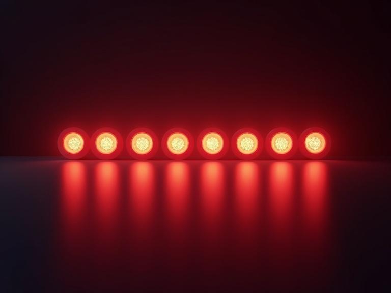 Animation of ten circular lights in a rhythmic flashing pattern. The lights are bright red against a dark background, creating a shiny reflection on a surface beneath them.