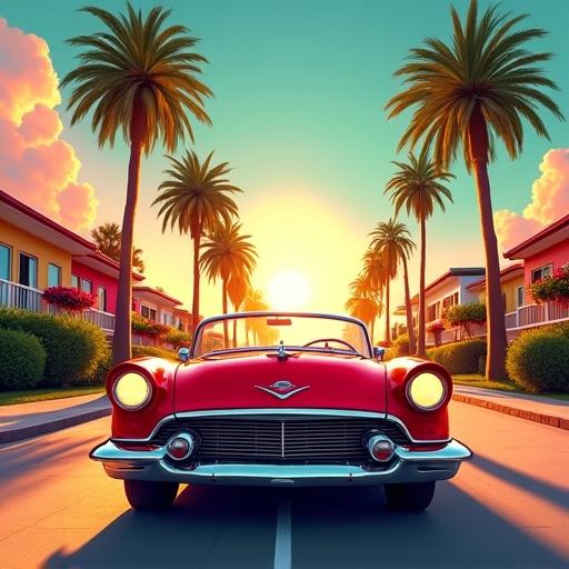 A vibrant illustration of a classic red convertible car parked on a street with tall palm trees. The car shines in warm sunlight. The street has an orange and pink sunset. Palm fronds sway in the breeze. Colorful beachfront buildings are in the background. The sky blends turquoise and peach with fluffy clouds. Composition has a nostalgic, tropical vibe.