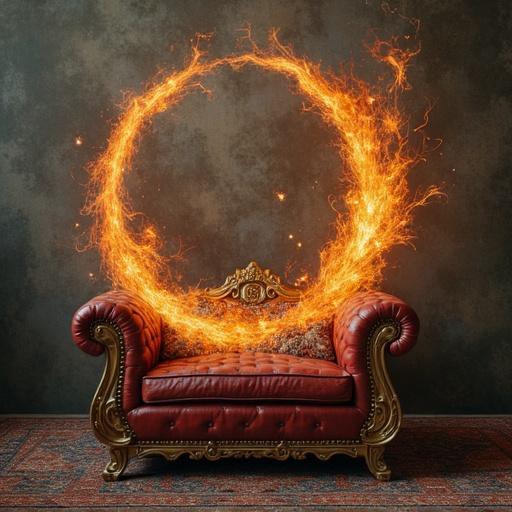 A luxurious red leather armchair with intricate details. Surrounding the chair, a circle of flames creates a magical atmosphere. The background is textured and dark, enhancing the vibrant colors.