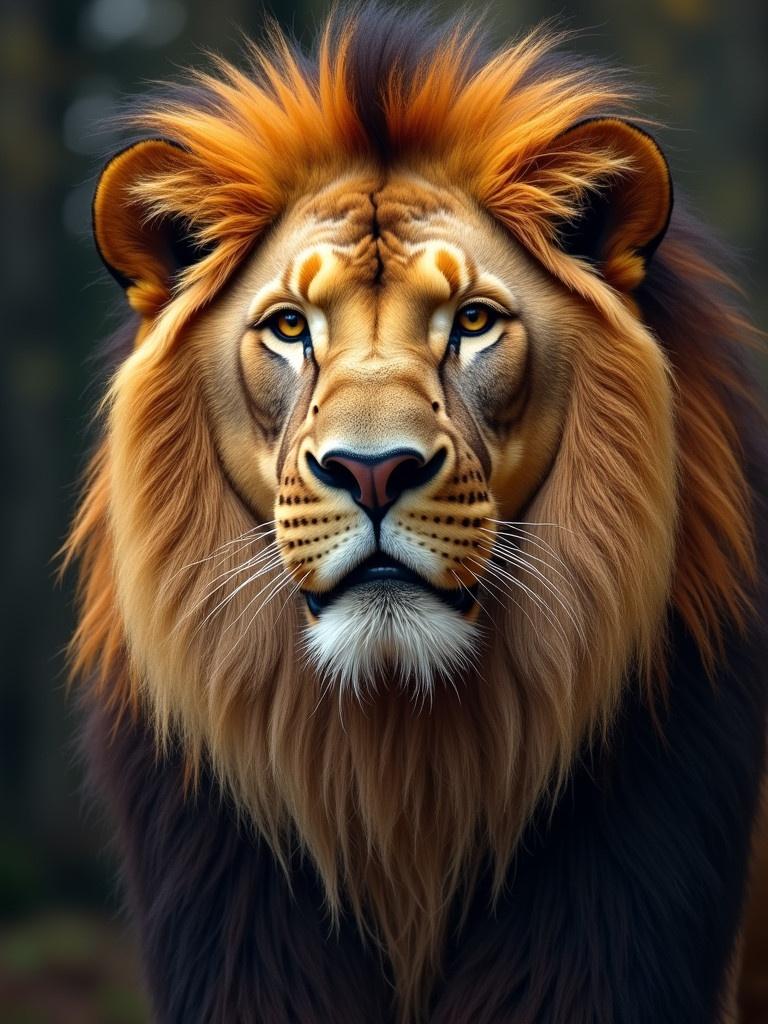 A close-up portrait of a lion head with a thick mane. The lion has a majestic and fierce appearance. Its eyes are sharp and expressive. The background is softly blurred to highlight the lion.