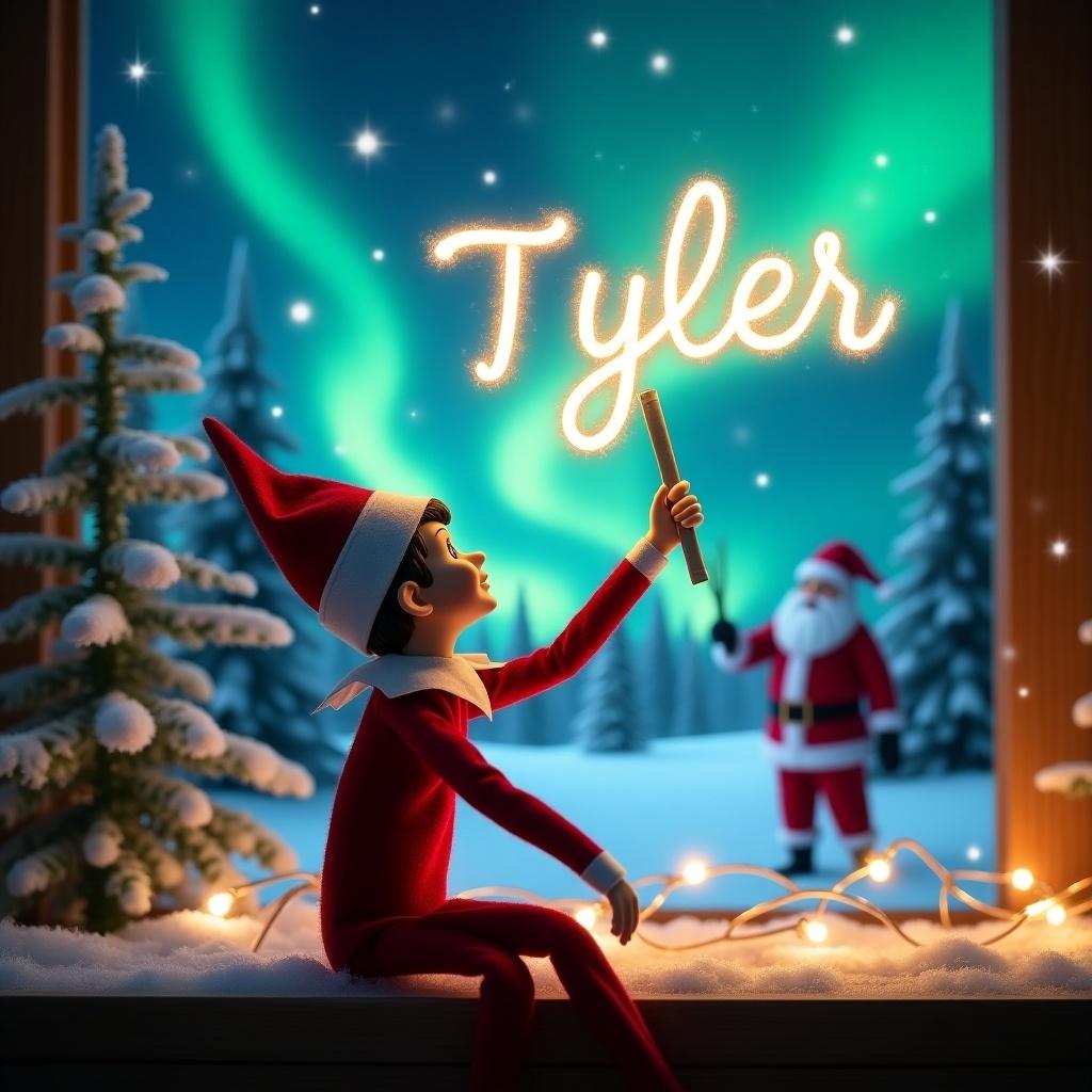 The image centers around an Elf on the Shelf, positioned with his back to us, in a winter wonderland. He gazes skyward, using a magic wand to inscribe the name 'Tyler' in twinkling letters across the night sky. The background is filled with the enchanting display of northern lights, enhancing the wintry landscape. You can also spot Santa Claus in the distance, adding to the festive atmosphere. Surrounding elements include frosty trees and glimmering holiday lights that bring warmth to this magical scene.