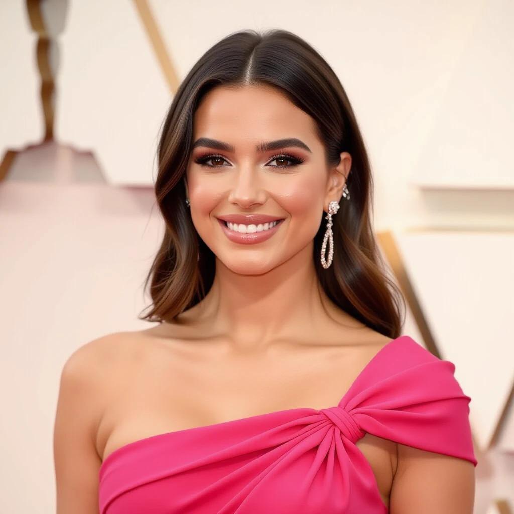 Portrait of a woman wearing a pink dress with a flattering smile on a red carpet at an awards show.
