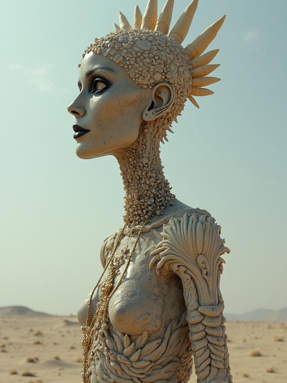 A haunting figure rises from the center of a skeletal desert. Figure shaped like a woman with an elongated neck. Carved wooden features and beacon eyes. Adorned with shells, gold rings and glass shards. Hyper-stylized surrealism. High-contrast shading. Regal yet unsettling appearance.