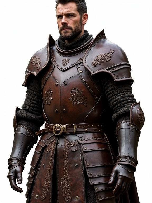 Detailed image of a warrior in dark leather armor. Armor features rich brown tones and battle wear. Articulated panels provide mobility and protection. Embossed mythical and floral designs visible. High collar and layered scales protect the neck. Molded cuirass with rivets and vertical ridges fitted for the body. Curved pauldrons extend outward for added protection. Padded undergarment visible beneath cuirass. Segmented guards on arms and hands for upper limb protection. Broad belt with utility loops for gear. Leather tasset skirt provides upper thigh coverage. Cuisses, poleyns, and greaves made from hardened leather with adjustable fastening. Tall boots for support. Transparent background.