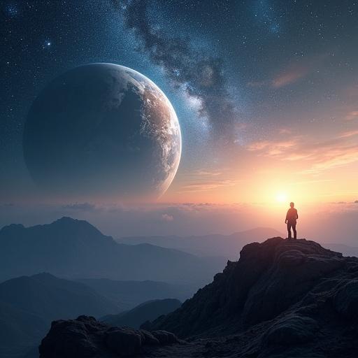 Inspiring space scene showing Earth and exoplanet. A human silhouette gazing at stars from a mountaintop. Soft glow creates a philosophical atmosphere. Wide composition captures beauty of the cosmos.