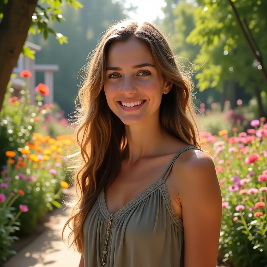 Portrait of a woman in a garden, wearing a stylish grey top. The background features colorful flowers and lush greenery. Warm soft lighting creates an inviting atmosphere.