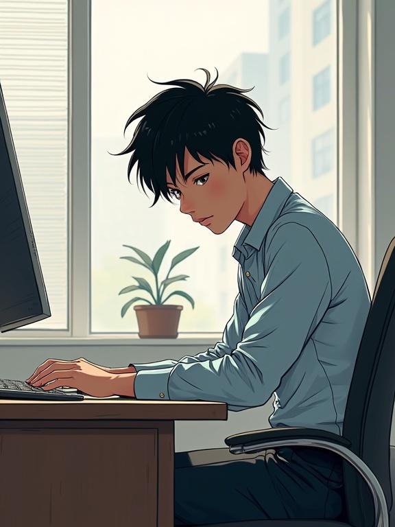 Illustration in manga style featuring a cute young man. Character appears to be a psychologist sitting behind a desk. The scene is in an office with a dynamic angle. The young man has black hair and an aloof expression. Natural light comes through the window illuminating the environment.