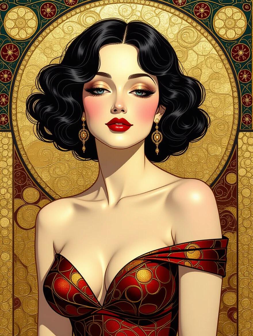 Glamorous portrait of a woman with vintage style. Gold background with intricate patterns. Rich red dress with golden designs. Close-up focus on the woman's elegant features. Art inspired by early 20th-century aesthetics.