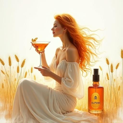 Minimalist ink and watercolor painting. Modern natural goddess seated in barley field. Flowing golden-reddish hair. Soft ethereal light. Holding cocktail liqueur glass. Lips shimmering reddish-gold. Apothecary bottle labeled 'ALFRUNO' nearby. Shimmering elixir. Gold, white, gray color palette. Traditional Japanese painting style. Evokes mystery and tranquility.