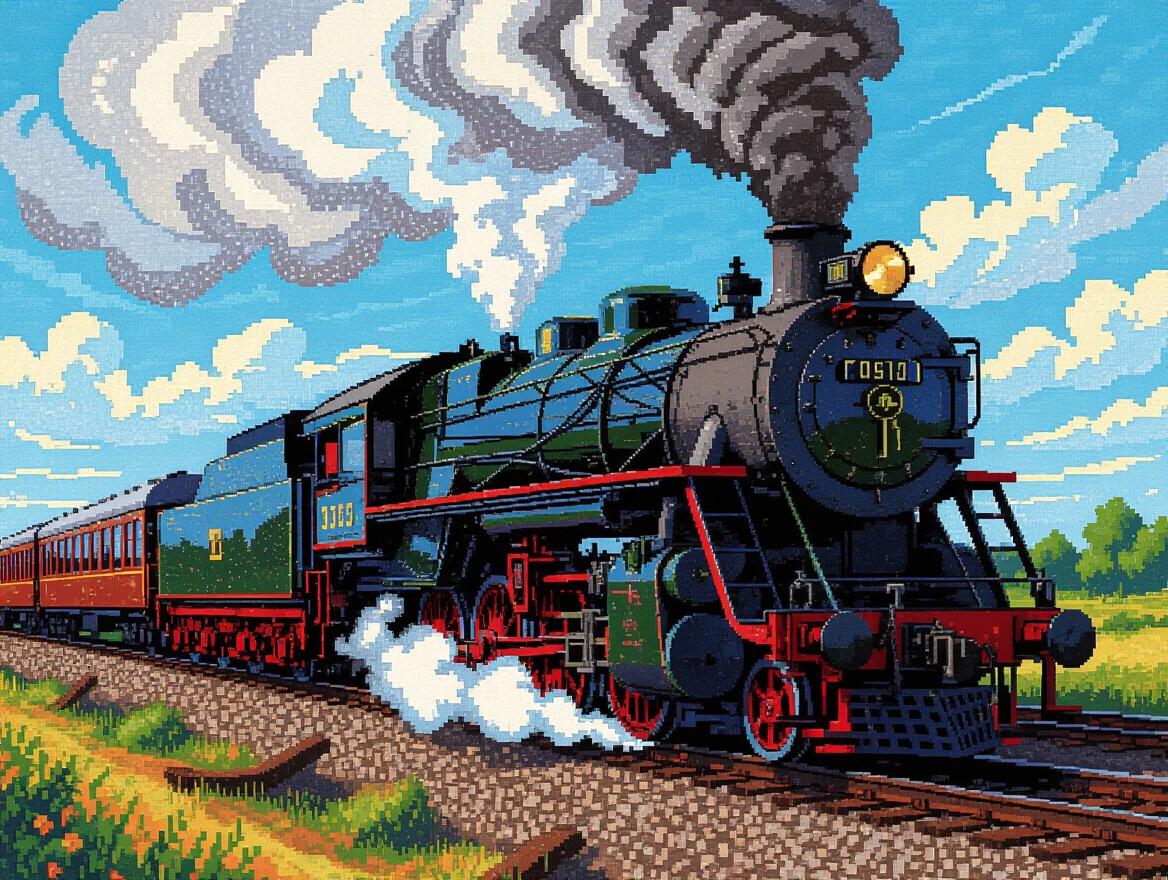 Powerful steam locomotive with billowing smoke rendered entirely in pointillist dots. Thousands of color points create metallic surfaces and steam effects. Industrial revolution aesthetic through neo-impressionist technique. Mechanical precision meets artistic interpretation. Contemporary industrial archaeology using classical method. Masterpiece transportation pointillism. Museum-quality mechanical study.