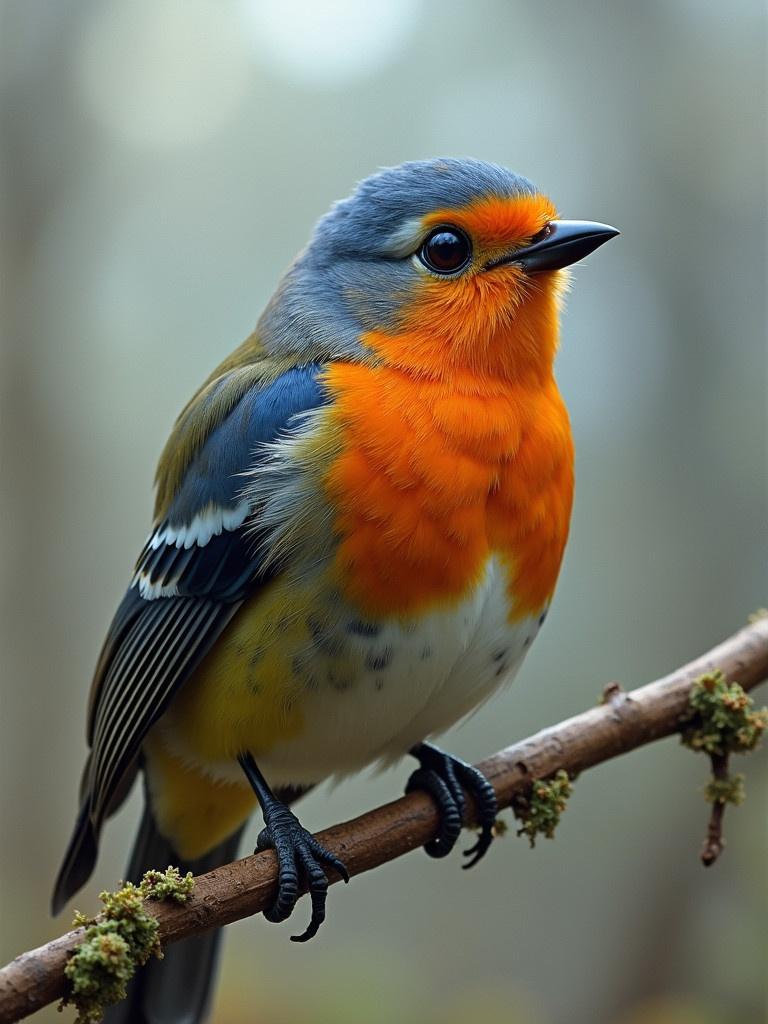 A brightly colored bird with orange and blue plumage perched on a mossy branch. Background is blurred giving a soft feel. Bird has a distinct, expressive look and details are clear.