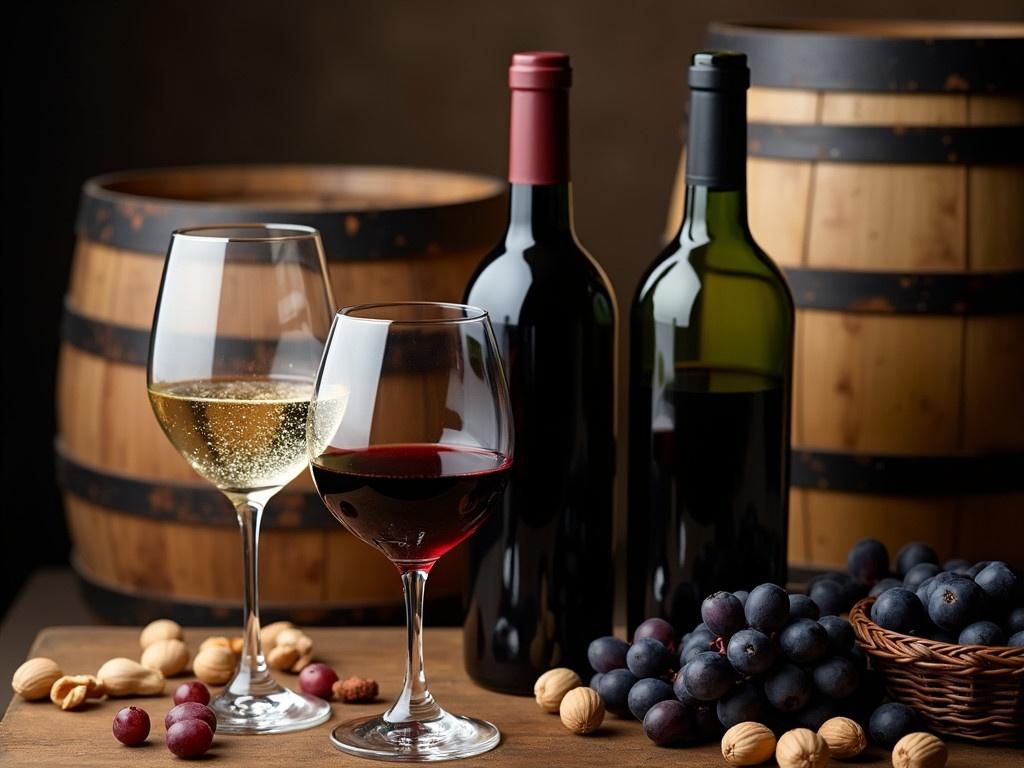 This image captures a warm and rustic still life with two wine glasses and several bottles of wine placed on a wooden table. To the left, there is a tall glass of bubbly white wine and a shorter glass filled with deep red wine. Behind them, there are two elegant wine bottles present: one filled with green wine and the other with dark red wine. In the background, wooden barrels add to the vintage feel, showing details of the grain and knots in the wood. Surrounding the wine bottles, there are scattered nuts and a small basket of dark grapes, enhancing the wine tasting theme. The lighting is soft and moody, highlighting the colors of the various elements while creating an inviting atmosphere.