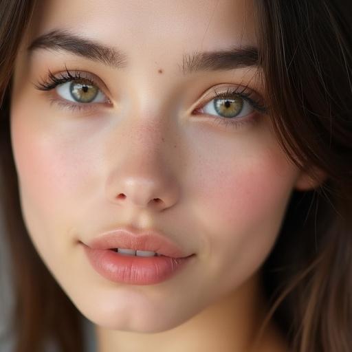 Close-up shot of a woman's face highlighting her large expressive eyes. The eyes have an almond shape with a gentle upward tilt at the outer corners. The lighting is soft and natural, enhancing her delicate features.