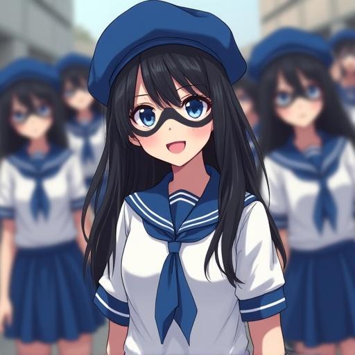 A lively scene in a square. Numerous young women appear. They wear long sleeved white T-shirts. Blue collars and blue mini-skirts are present. Blue berets adorn their heads. They wear Zorro-style black masks around their eyes. Smiles express surprise and excitement.
