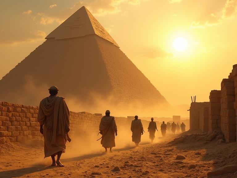 Scene at sunrise in ancient Egypt. A pyramid stands tall casting a golden glow. Workers move limestone blocks along a dusty path. The sun shines down, illuminating the landscape. Dust drifts in the air as men toil under harsh conditions.