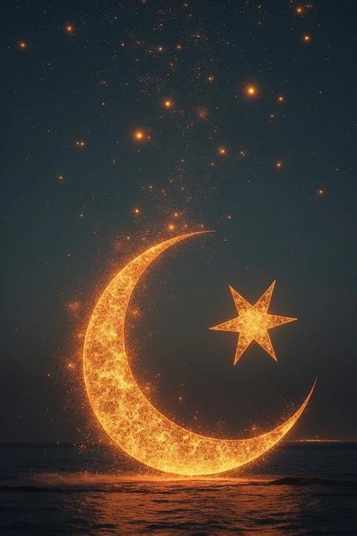 A glowing crescent moon and star symbol appears above a dark sea at night. The moon and star emit a warm golden light. Stars are scattered in the night sky creating a magical atmosphere.