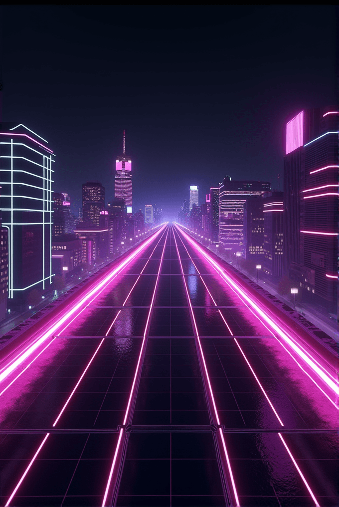 A futuristic cityscape at night with glowing neon pink lights outlining a sleek, wet highway flanked by modern skyscrapers.