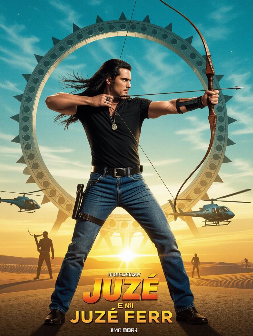 80s action movie poster features Juzé Ferr character. Hero wears jeans and black shirt. Has long slicked back hair and is in an action pose. Holds a bow and arrow. Background includes helicopters and a portal. Colors are vivid and lighting is HDR. Full body illustration ideal for movie promotion.