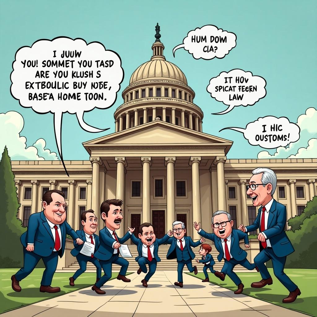 A satirical illustration of politicians running towards the viewer outside the Capitol building. Characters are dressed in suits and engaged in exaggerated actions and expressions to depict a humorous take on government behavior.