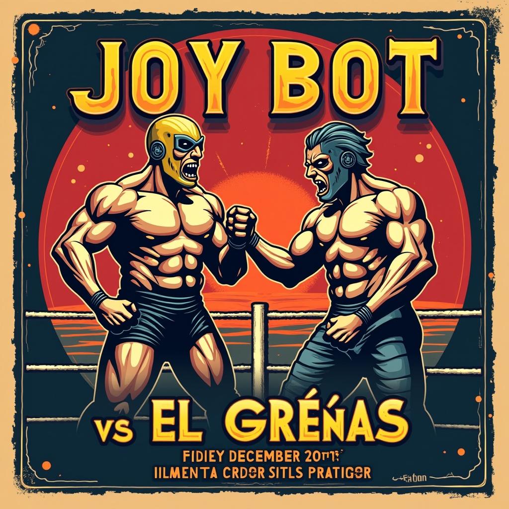 Poster design features two wrestlers 'Joy Bot' and 'El Greñas' facing off. Event date listed as December 20th. Bold colors and comic-style graphics.