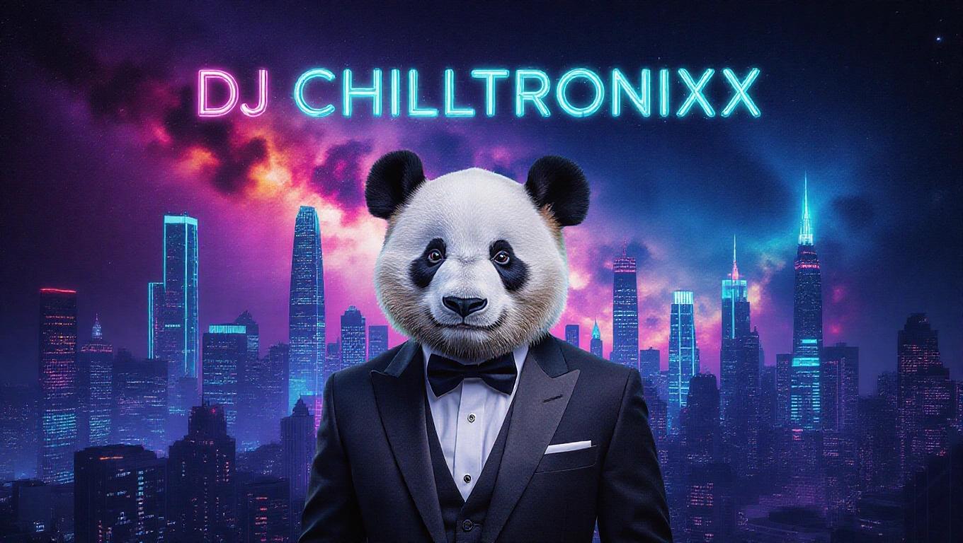 Artistic album cover features a panda character in a tuxedo under a bright nebula sky. The background is a vibrant city filled with neon lights. Text displays DJ Chilltronixx prominently.