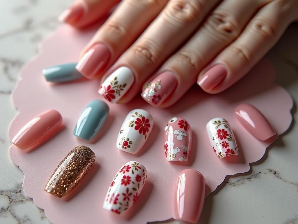 A hand showcasing colorful nails with intricate floral and swirl patterns.