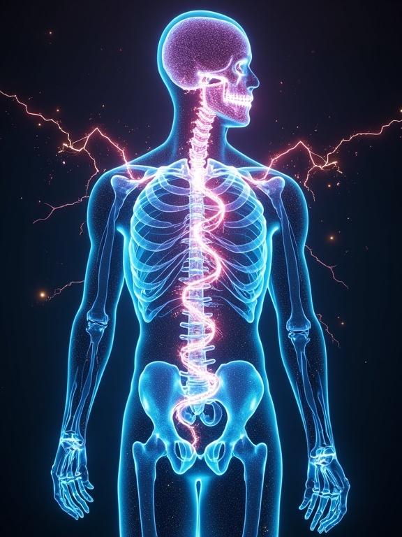 Silhouette of a human body with neon X-ray anatomy. Electric lightning bolts emerge from the back. Swirling DNA helixes consist of stardust. A cosmic aurora aura surrounds the figure. Organs are semi-transparent and glowing. Energy particles radiate outward. Dominant vibrant neon colors include electric blue, hot pink, lime green, and gold. The image has dramatic lighting and high contrast. This is digital art in a futuristic medical visualization style, showcasing a body that emits pure energy with cosmic dust and stellar particles. The image features a galaxy texture overlay, creating a mind-blowing visual effect. The art is ultra-detailed and in 4K quality.