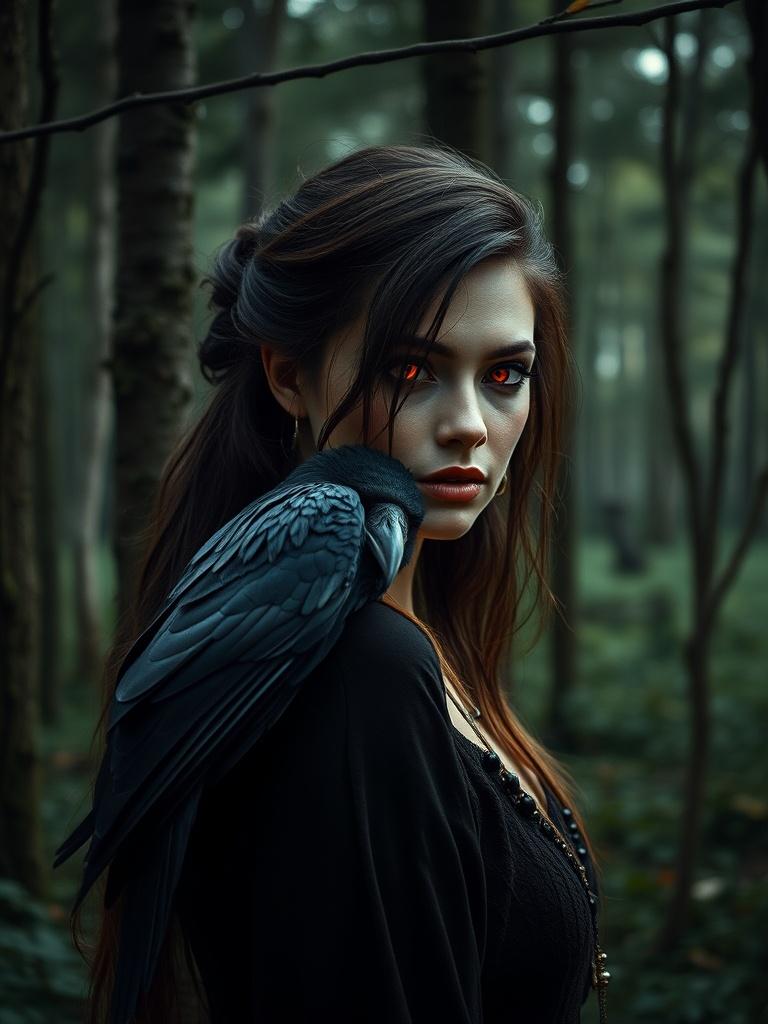 In a mystic forest setting, a woman with intense, glowing red eyes gazes enigmatically towards the viewer. Perched on her shoulder is a dark, majestic raven, adding an air of mystery and supernatural intrigue to the scene. The dense forest in the background creates a dreamlike atmosphere filled with shadows and muted colors.