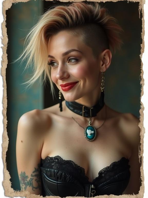 Photograph shows a punk woman with multi-coloured mohawk hairstyle and shaved sides. She has deep red lipstick and a black choker with a bird cameo. Wearing a lace trimmed leather corset, she is captured in medium close-up from the side at a slight low angle. The background is blurred. Soft lighting is used. The photo has a torn paper-like border.